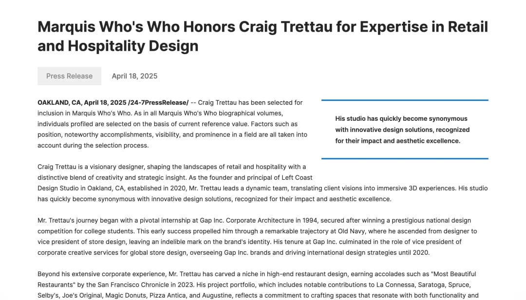 INDUCTED FOR EXPERTISE IN RETAIL AND HOSPITALITY DESIGN